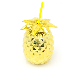 Metallic Gold Pineapple Drinks Cup With Straw | Tropical Party Pineapple Shaped Tumbler | Novelty Drinking Jar 750ml