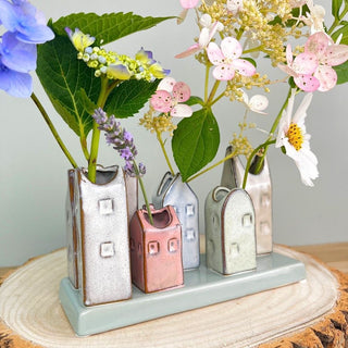 Mini Ceramic House Bud Vases | Rustic Flower Pots Glazed Posy Vases on Plinth