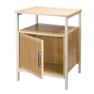 Modern Wooden Side Table with Slatted Door Open Shelf and Storage - 43x33x55cm