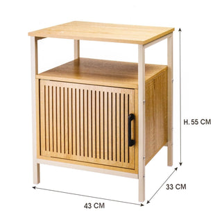Modern Wooden Side Table with Slatted Door Open Shelf and Storage - 43x33x55cm
