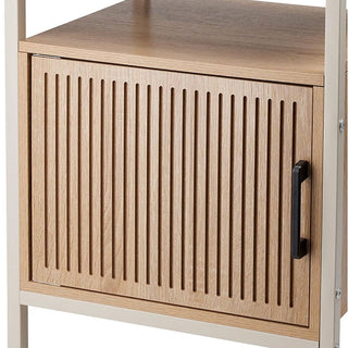 Modern Wooden Side Table with Slatted Door Open Shelf and Storage - 43x33x55cm