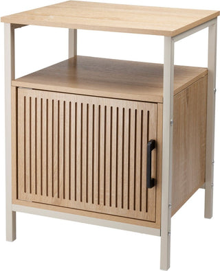 Modern Wooden Side Table with Slatted Door Open Shelf and Storage - 43x33x55cm
