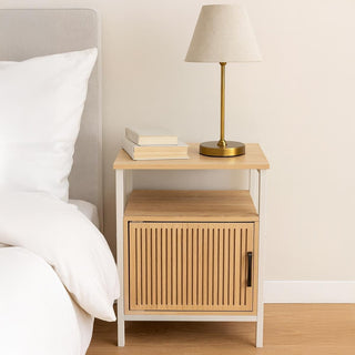 Modern Wooden Side Table with Slatted Door Open Shelf and Storage - 43x33x55cm