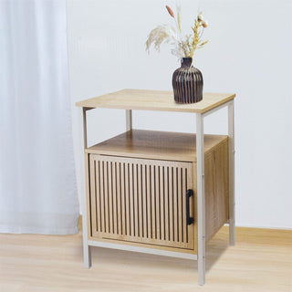 Modern Wooden Side Table with Slatted Door Open Shelf and Storage - 43x33x55cm