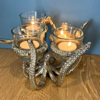 Octopus Tealight Holder | Silver Aluminium Nautical Candle Holder - 19x17cm