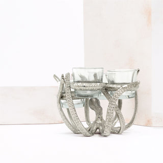 Octopus Tealight Holder | Silver Aluminium Nautical Candle Holder - 19x17cm