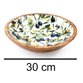 Olive Enamelled Mango Wood Serving Bowl | Large Kitchen Salad Fruit Bowl - 30cm
