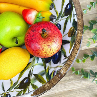 Olive Enamelled Mango Wood Serving Bowl | Large Kitchen Salad Fruit Bowl - 30cm