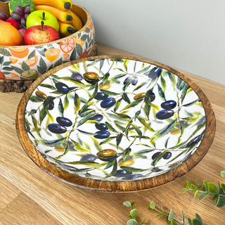 Olive Enamelled Mango Wood Serving Bowl | Large Kitchen Salad Fruit Bowl - 30cm
