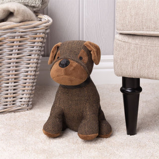 Oscar Dog Doorstop | Brown Herringbone Fabric Dog Shaped Door Stop - 27cm