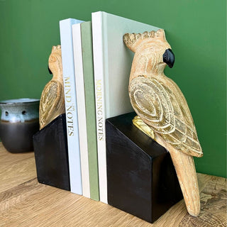 Pair of Sepia Palm Cockatoo Bookends | Decorative Tropical Bird Book Holders