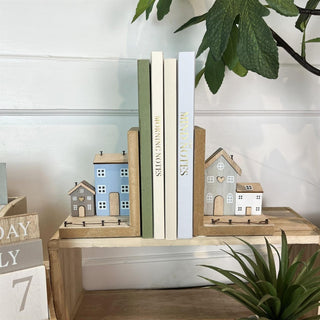 Pair of Shabby Chic Wooden Houses Bookends for Shelves | Set Of 2 Shelf Book End