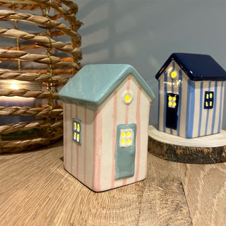 Pink LED Ceramic Beach House | Nautical Striped Beach Hut Ornament | Light - Up Coastal Decoration