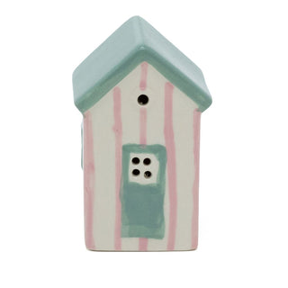 Pink LED Ceramic Beach House | Nautical Striped Beach Hut Ornament | Light - Up Coastal Decoration