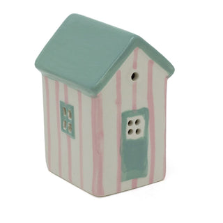 Pink LED Ceramic Beach House | Nautical Striped Beach Hut Ornament | Light - Up Coastal Decoration
