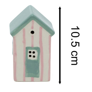 Pink LED Ceramic Beach House | Nautical Striped Beach Hut Ornament | Light - Up Coastal Decoration