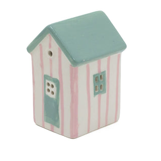 Pink LED Ceramic Beach House | Nautical Striped Beach Hut Ornament | Light - Up Coastal Decoration
