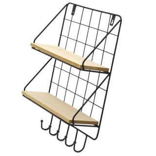 Rectangle Wall Double Shelf Unit With Hooks | 2 Tier Wooden Black Metal Floating Shelves | Kitchen Spice Rack