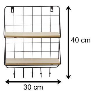 Rectangle Wall Double Shelf Unit With Hooks | 2 Tier Wooden Black Metal Floating Shelves | Kitchen Spice Rack