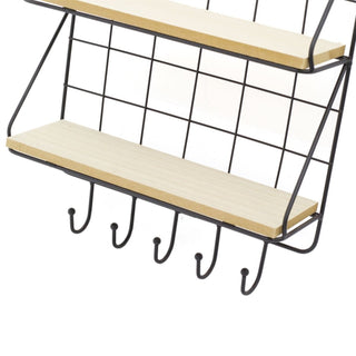 Rectangle Wall Double Shelf Unit With Hooks | 2 Tier Wooden Black Metal Floating Shelves | Kitchen Spice Rack