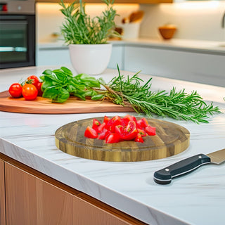 Round Teak End Grain Chopping Board | Durable Wooden Kitchen Prep & Serving 30cm