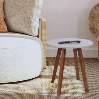 Round Wooden Side Table with White Marble Effect Top | Accent End Table 40x43cm