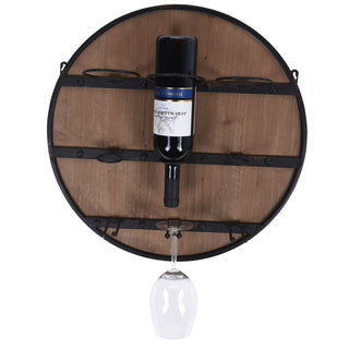 Round Wooden Wine Bottle Holder and Glasses Storage Rack | Wall Mounted Wine Organiser | Rustic Mini Bar Kitchen Decor