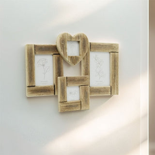 Rustic Driftwood Style Multi Photo Frame | Holds 4 Photos with Heart - 49x36cm