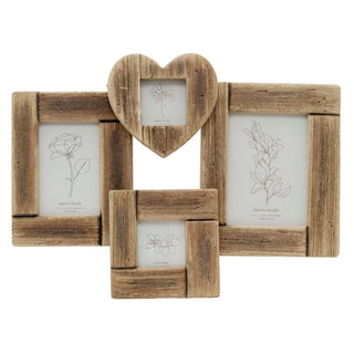 Rustic Driftwood Style Multi Photo Frame | Holds 4 Photos with Heart - 49x36cm