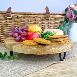 Rustic Mango Wood Serving Board with Metal Legs | Raised Wooden Platter 29cm