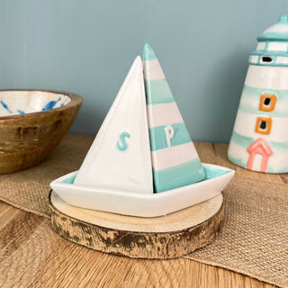 Sailboat Salt & Pepper Shakers | Nautical Ceramic Salt and Pepper Pots with Tray