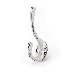 Set Of 2 Distressed White Wall Hooks | 2 Piece Cast Iron Double Coat Hooks
