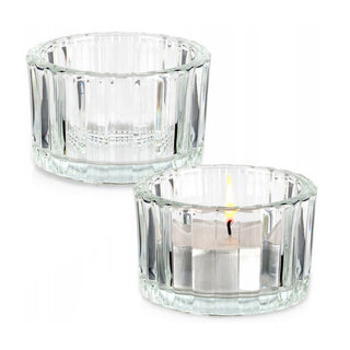 Set of 2 Ribbed Tea Light Candle Holders | Clear Glass Tealight Candle Holders