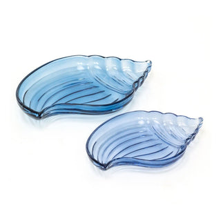 Set of 2 Shell Shaped Glass Trinket Dishes | Blue Seashell Trays - 2 Piece Set