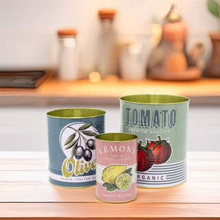 Set of 3 Decorative Retro Storage Tins | Tomato, Olive and Lemon Food Cans