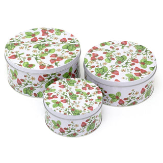 Set of 3 Strawberry Nesting Tins | 3 - piece Strawberry Field Round Storage Tins