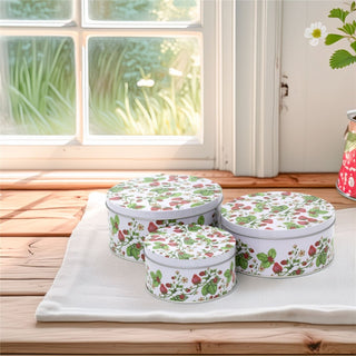 Set of 3 Strawberry Nesting Tins | 3 - piece Strawberry Field Round Storage Tins