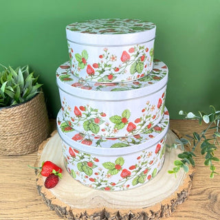 Set of 3 Strawberry Nesting Tins | 3 - piece Strawberry Field Round Storage Tins