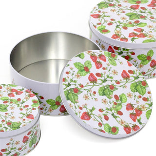 Set of 3 Strawberry Nesting Tins | 3 - piece Strawberry Field Round Storage Tins