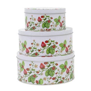 Set of 3 Strawberry Nesting Tins | 3 - piece Strawberry Field Round Storage Tins