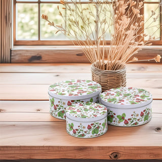 Set of 3 Strawberry Nesting Tins | 3 - piece Strawberry Field Round Storage Tins