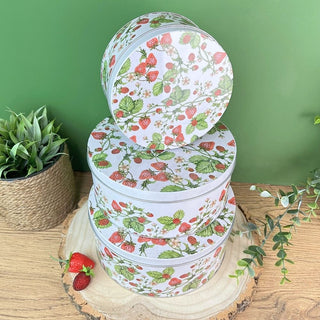 Set of 3 Strawberry Nesting Tins | 3 - piece Strawberry Field Round Storage Tins