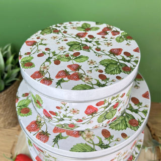 Set of 3 Strawberry Nesting Tins | 3 - piece Strawberry Field Round Storage Tins