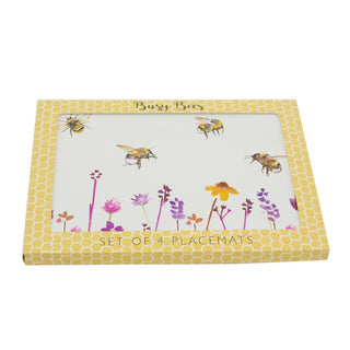 Set Of 4 Busy Bees Floral Table Placemats | Floral Bee Dining Table Mats | Bumble Bee Plate Mat Settings