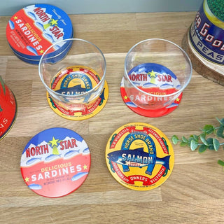 Set of 4 Sardines Vintage Style Metal Coasters with Storage Tin | Retro Coasters Quirky, Fun & Durable for Home Bar or Coffee Table