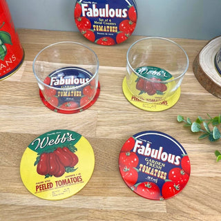 Set of 4 Tomatoes Vintage Style Metal Coasters with Storage Tin | Retro Coasters Quirky, Fun & Durable for Home Bar or Coffee Table