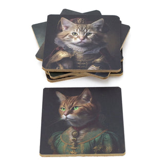 Set of 6 Regal Cat Coasters | Cat Portrait Cork Animal Coaster Set - 10cm