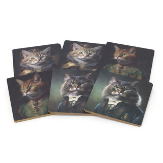 Set of 6 Regal Cat Coasters | Cat Portrait Cork Animal Coaster Set - 10cm