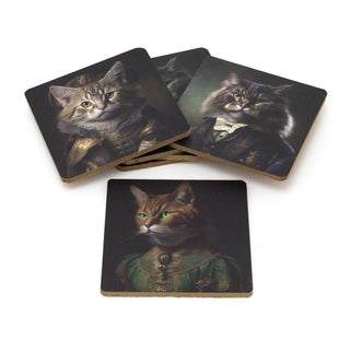 Set of 6 Regal Cat Coasters | Cat Portrait Cork Animal Coaster Set - 10cm