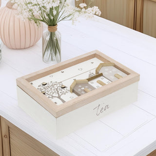 Shabby Chic House Design Wooden Tea Box Caddy 24x16cm | 6 Compartment Tea Bag Storage Box | Kitchen Organiser Tea Case